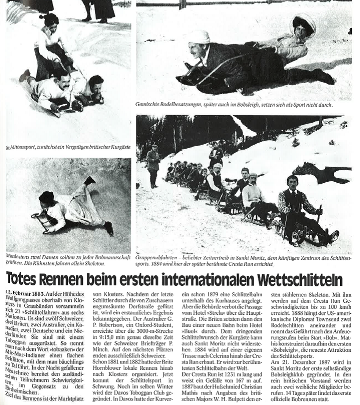Faksymile stronicy książki Waltera Ummingera „Die Chronik des Sports" ze zdjęciami zjazdów saneczkowych po trasie Cresta Run w 1884 roku.